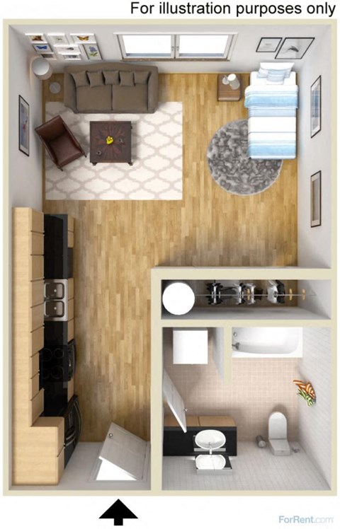 an overhead view of a bedroom with a bathroom and a living room